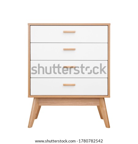 Wooden white chest of drawers front view isolated on white