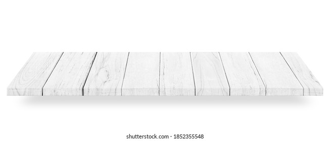 Wooden White Tabletop Or Wood Shelf Isolated On White Background. Object With Clipping Path.