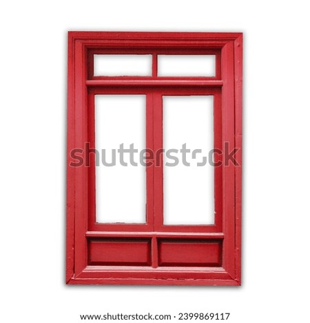 Wooden window frame isolated on white. Empty copy space rustic cottage house. Red paint window background. Vintage cabin construction. Countryside architecture texture. Window frame cutout.