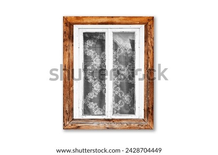 Wooden window frame isolated on white. Rustic cottage house peeling paint. Single object window. Vintage cabin construction. Countryside architecture texture. Window frame with lace curtains.