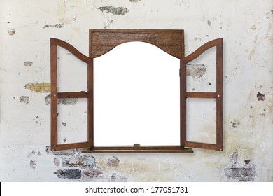 wooden window frame on pastel toned old grungy wall