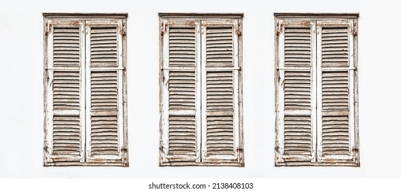 Wooden window shutter. Rustic frame window white paint wall. Closed window isolated. European style architecture background. Three windows isolated on white. Choose one of the three in a row. - Powered by Shutterstock