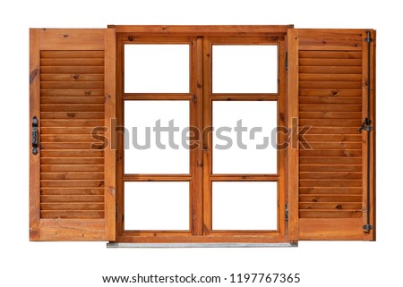 Wooden window with shutters isolated on white background