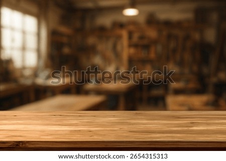 Wooden Workbench Table in Workshop Background. Empty Wood Surface for Product Display, Carpentry, DIY, Hand Tools, Garage, Industrial, Blurred Background, Rustic, Craftsmanship. For display or montage
