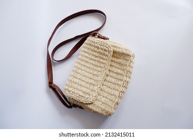 Wooden Woven Bridge Bag On White Background.