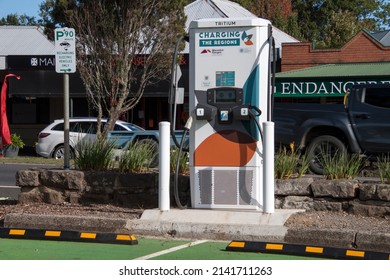 Woodend, Victoria  Australia - March 24 2022: Electric Vehicle Charger In A Country Town