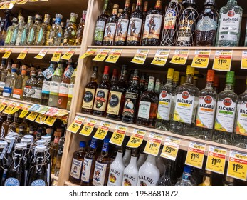 Woodinville, WA USA - Circa April 2021: Close Up Of The Rum Section In The Liquor Aisle At Haggen Grocery Store