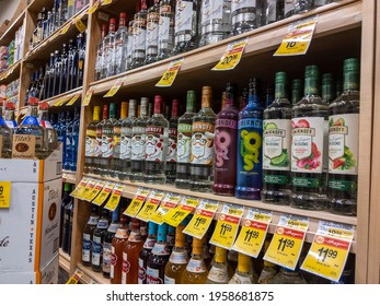 Woodinville, WA USA - Circa April 2021: Close Up Of The Vodka Section In The Liquor Aisle At Haggen Grocery Store.