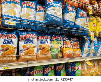 Woodinville, WA USA - Circa April 2022: Angled View Of Ruffles Potato Chips For Sale In The Snack Food Aisle Of A Haggen Grocery Store