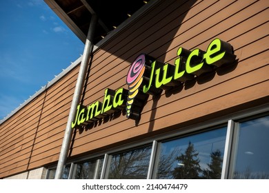 Woodinville, WA USA - Circa February 2022: Angled View Of The Exterior Of A Jamba Juice Smoothie Shop In The Downtown Area.