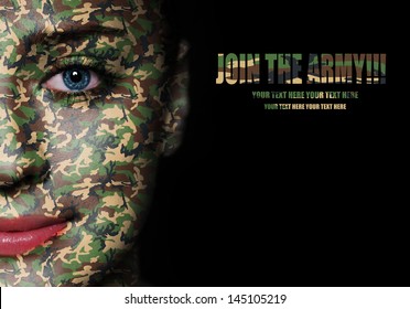 Woodland Camouflage Painted On Woman A Face - Army Concept