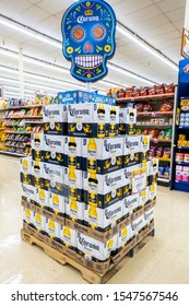 Woodland, CA/USA 11/1/2019 Pile Of Corona Brand Mexican Beer Boxes For Sale In A Supermarket Aisle