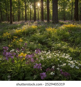 Woodland Wildflowers: A carpet of wildflowers in a sunlit forest clearing, showcasing a mix of colors like purple, yellow, and white among lush green foliage.

 - Powered by Shutterstock