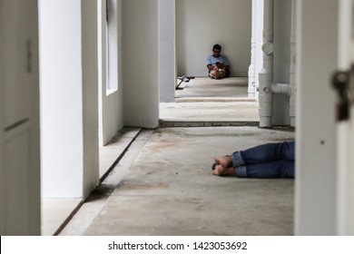 Woodlands / Singapore - June 13th 2019: Foreign Worker Are Taking A Nap At The Void Deck Area.