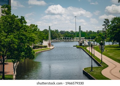 The Woodlands, Texas - May 2, 2021: The Woodlands waterway on a beautiful spring day.