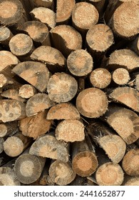 A woodpile with chopped firewood that is stacked. View from the end. Background.