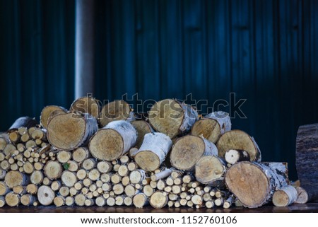 A woodpile of round logs in the countryside.