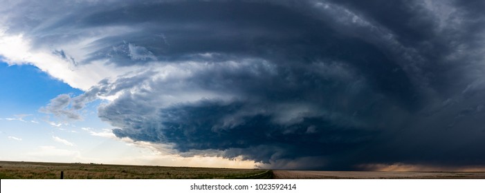 Woodrow, CO / United States - May 25, 2016:  Panorama of a supercell thunderstorm in the Great Plains that later produced a tornado.