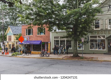 Woodstock, New York / USA - 10 1 2018: legendary Woodstock village, streets and store, architecture details. 