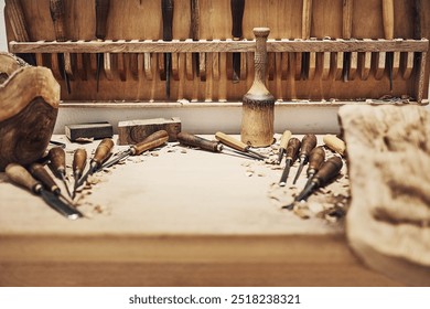 Woodwork, carving tools and handicraft in workshop for craftsmanship, diy renovation and timber trade. Production equipment, chisel and manufacturing instrument for handmade furniture and carpentry - Powered by Shutterstock