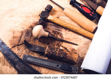 Woodwork Tools On Table, Flat Lay Overhead