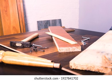 Woodwork Tools On Table, Flat Lay Overhead