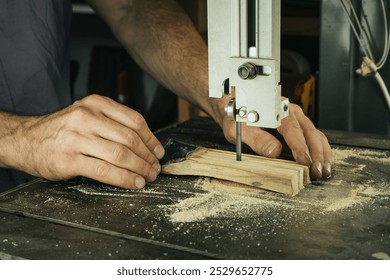 Woodworker using a bandsaw to cut wood with precision in a workshop - Powered by Shutterstock