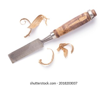Woodworking carpenter chisel tool and wooden shavings isolated on white background. Chisel as joiner tool - Shutterstock ID 2018203037