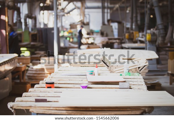 Woodworking industry. Furniture workshop. Wooden blanks on a furniture