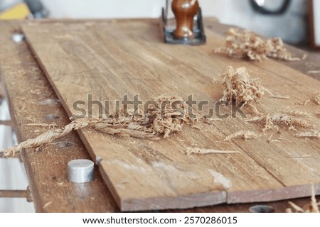woodworking tools in a carpentry workshop, closeup of photo