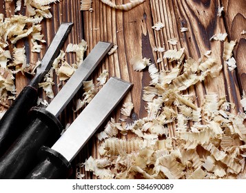 Woodworking Tools. Chisel With Sawdust .copy Space.horizontal Shot