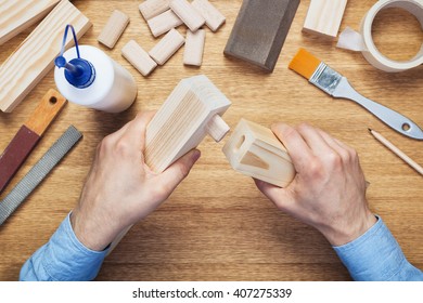 Woodworking Workshop Table Top Scene. Making Of Loose Tenon Joint.  DIY Concept.