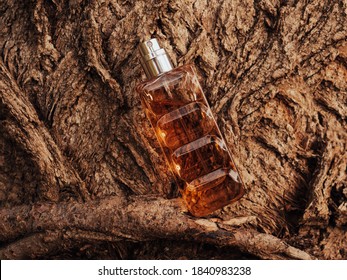 Woody Fragrance. Perfume Spray Bottle On Wooden Tree Bark As Background. Transparent Glass Cologne Aroma Template. Woody Notes Of Perfume. Luxury Product Package Closeup. Minimal Nature Spa Concept