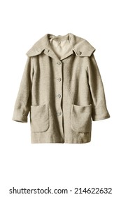 Wool Beige Coat With A Hood Isolated Over White