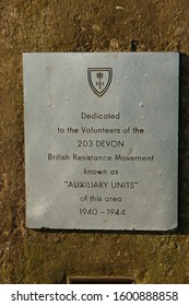 Woolacombe, Devon, UK - 26th October 2019: A Memorial Plaque To North Devon's WW2 Resistance Army That Would Have Fought A German Invasion. 