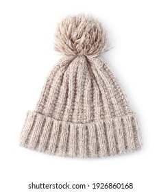 Woolen Winter Knitted Hat With Pompom Isolated On White