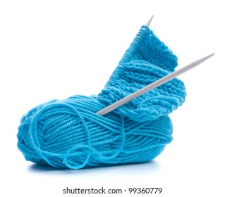 Woollen thread and knitting needle. Needlework accessories isolated on white background.