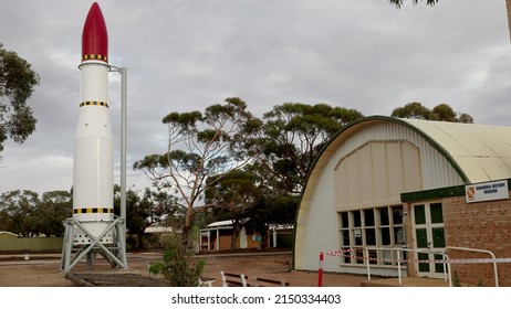 WOOMERA, AUSTRALIA - JUNE 13 2021: a black arrow missile outside the woomera history museum in outback south australia