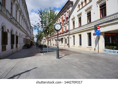 WOONERF, LODZ, POLAND, JUNE 09 2017 : Street 6th August. Woonerf  At Piotrkowska Street