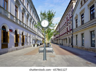 WOONERF, LODZ, POLAND, JUNE 09  2017 :  Street 6th August. Woonerf - Alley In The Shade In The Morning