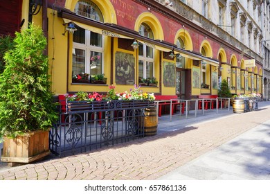 WOONERF, LODZ, POLAND, JUNE 09  2017 :  Street 6th August. Woonerf - Alley In The Shade