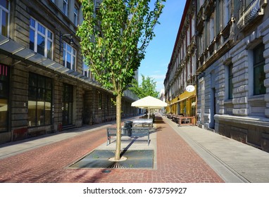 WOONERF, LODZ, POLAND, JUNE 09 2017 : Traugutta Street. Woonerf - Alley In The Shade In The Morning