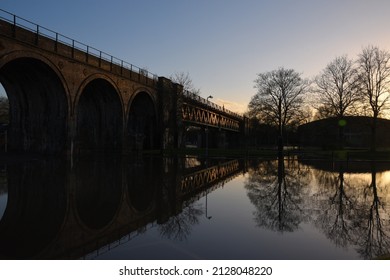 Worcester, England - 02 22 2022: a view of the viaduct in Worcester from a flooded car park