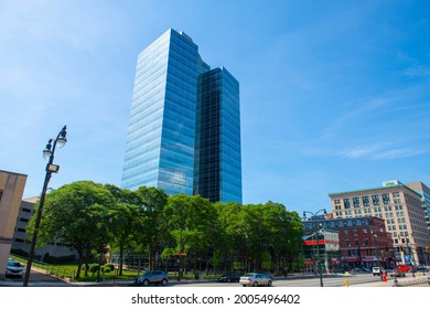 WORCESTER, MA, USA - JUL. 27, 2020: Worcester Plaza, Worcester County National Bank Tower, is located at 446 Main Street in downtown of Worcester, Massachusetts MA, USA. 