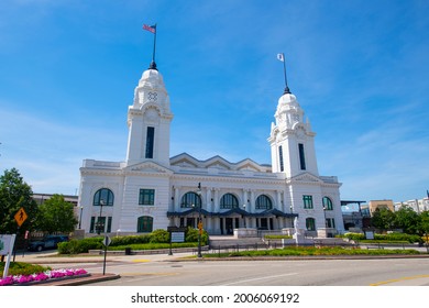 WORCESTER, MA, USA - JUL. 27, 2020: Worcester Union Station, built in 1911, is a railway station located at 2 Washington Square in downtown Worcester, Massachusetts MA, USA. 
