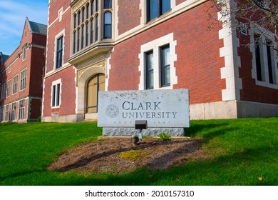 WORCESTER, MA, USA - OCT. 19, 2020: Clark University entrance sign at 950 Main Street in Worcester, Massachusetts MA, USA.  