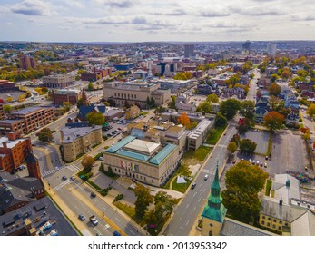 WORCESTER, MA, USA - OCT. 19, 2020: Aerial view of Worcester Art Museum at 55 Salisbury Street and downtown Worcester skyline at the background in fall in Massachusetts MA, USA. 