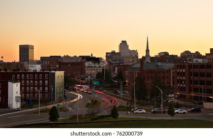 Worcester, Massachusetts - November 24, 2017: Skyline of Worcester, Massachusetts after sunset. Worcester is the second most populous city in New England after Boston, located 40 miles west of Boston.