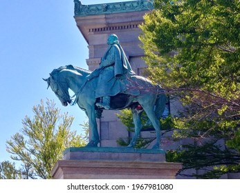 Worcester, Massachusetts, USA - May 1, 2021: Equestrian Statue Of General Charles Devens In Front Of The Old County Courthouse