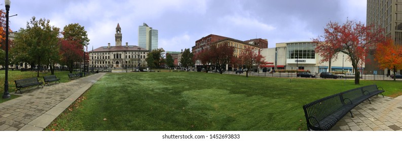 WORCESTER, MASSACHUSETTS/UNITED STATES- OCTOBER 8, 2018: A Panorama of Worcester City Hall in Massachusetts